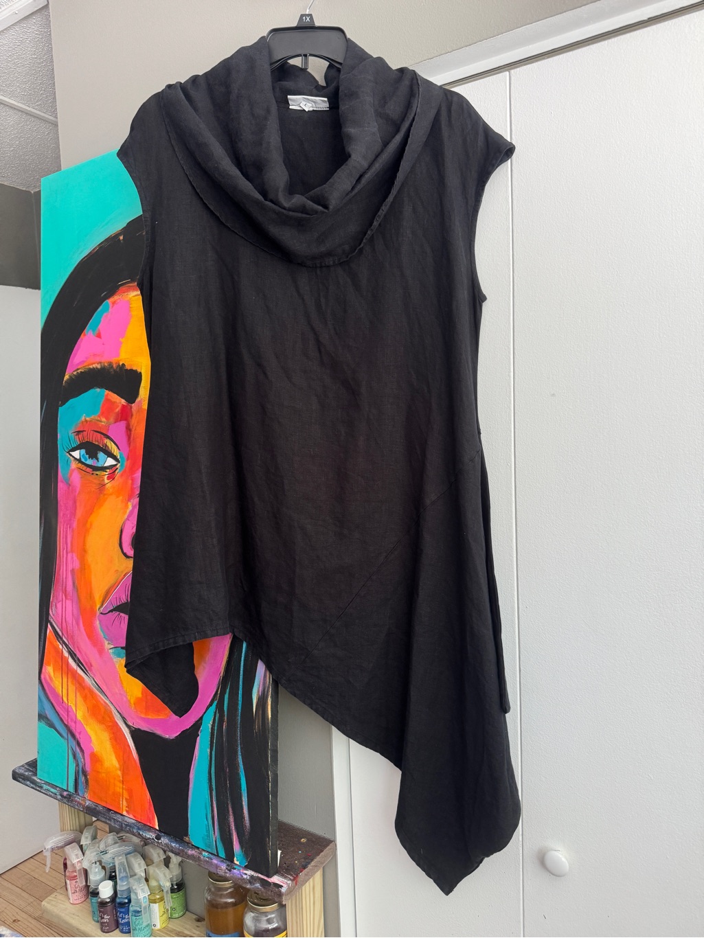 Bryn Walker Asymmetrical Cowl Neck Tunic Dress Black 100% Linen Size Large